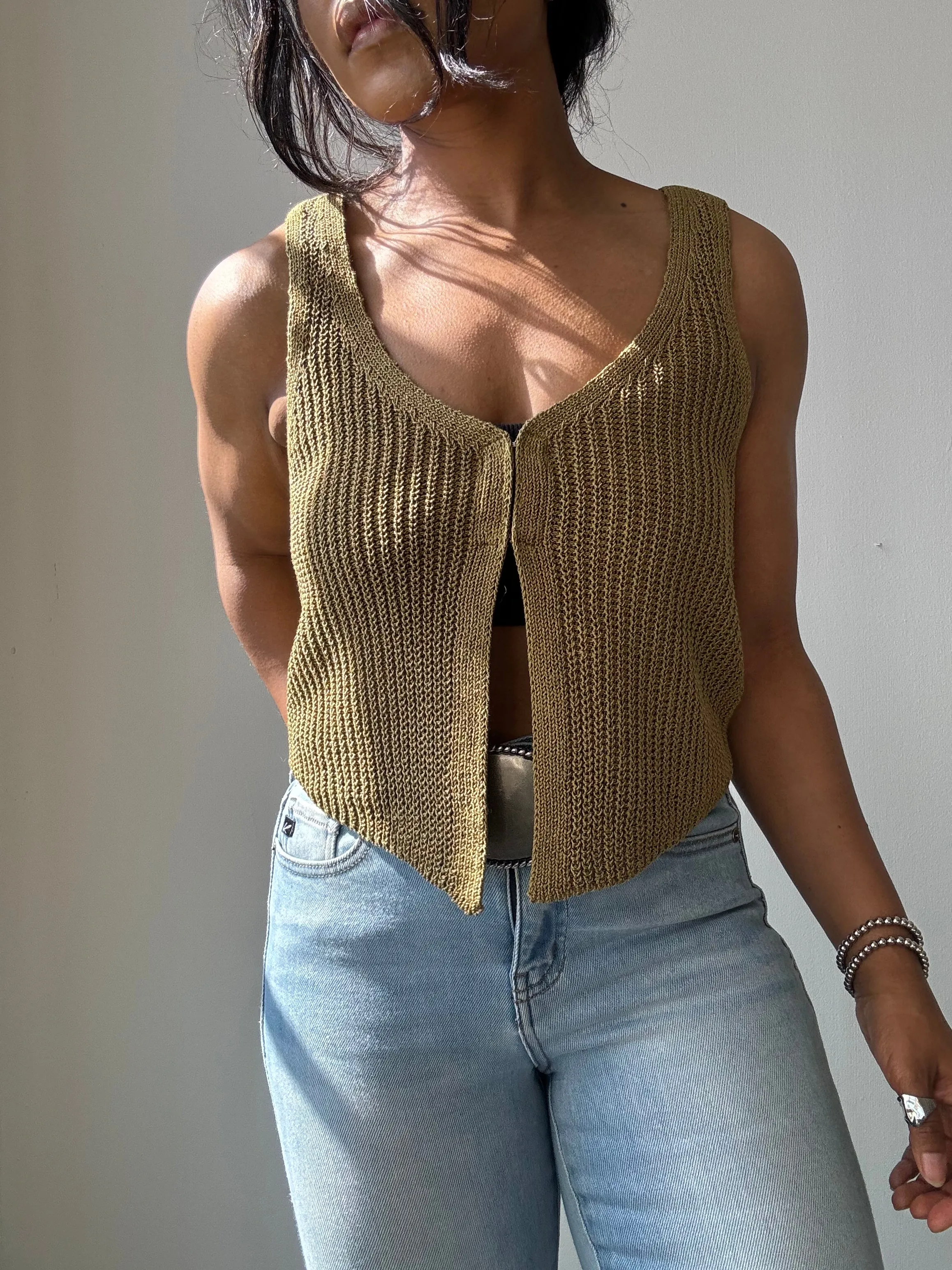 Kayla Crochet Knit Vest In Olive