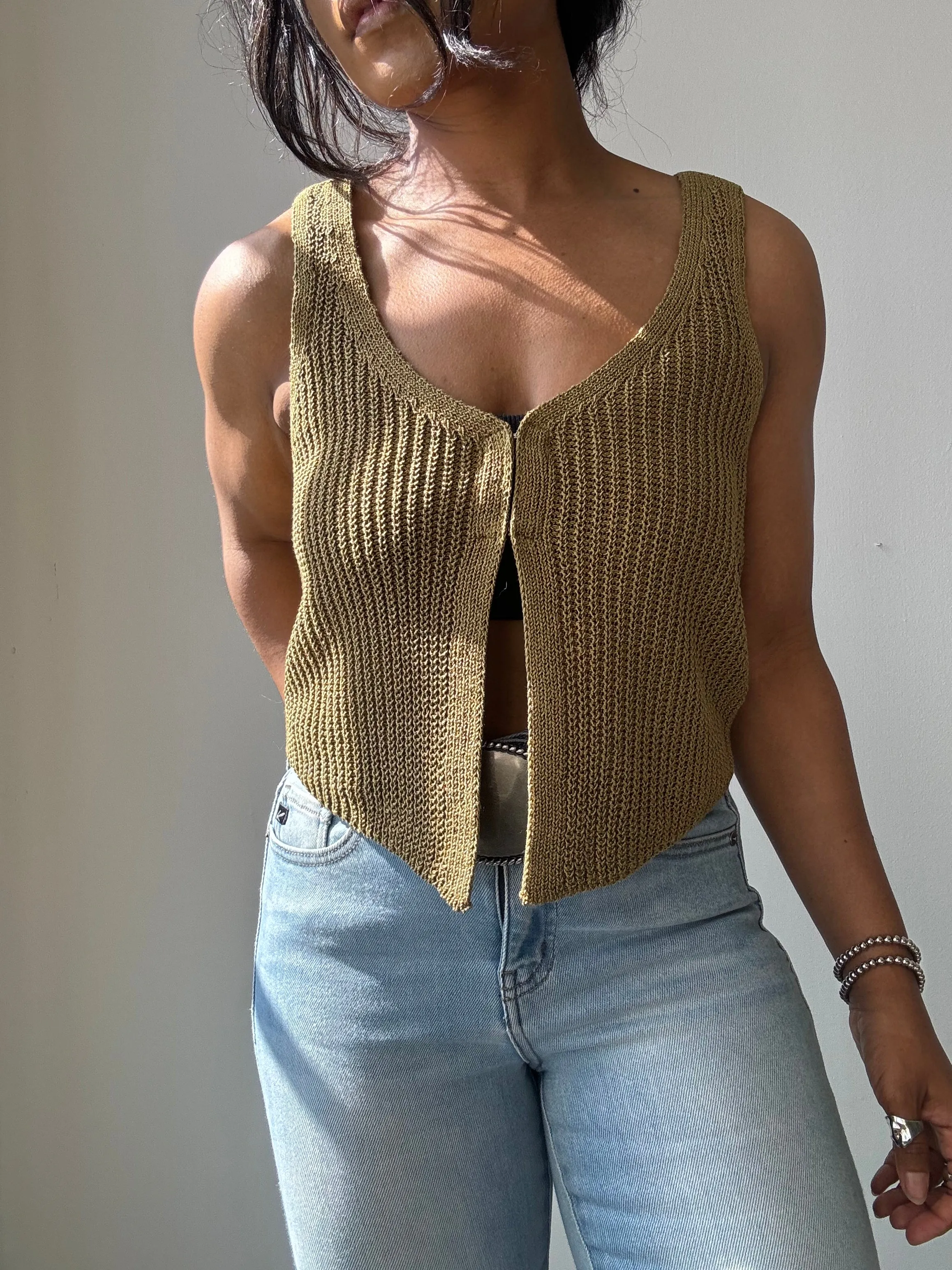 Kayla Crochet Knit Vest In Olive