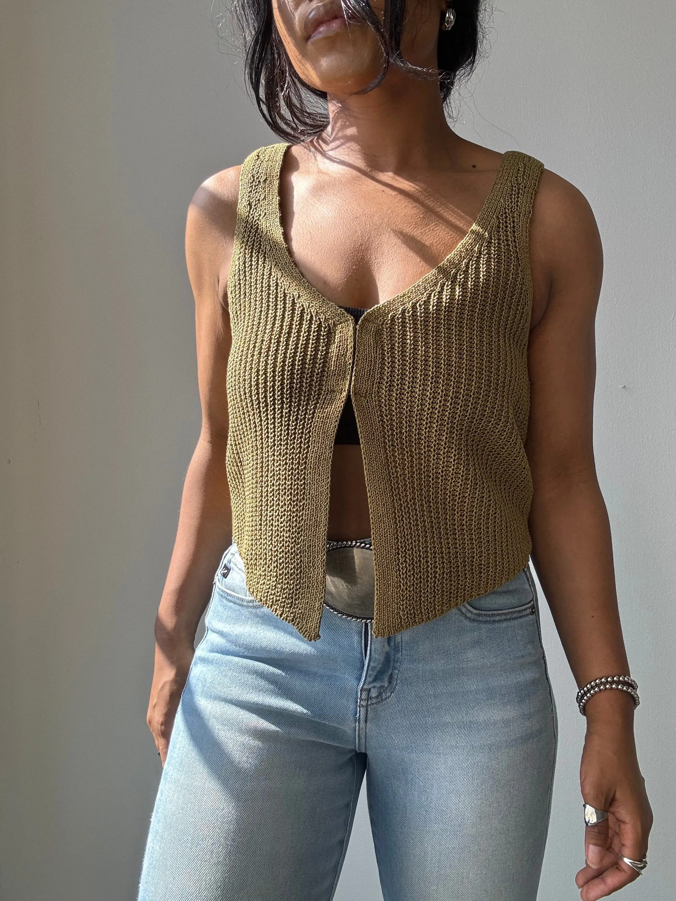 Kayla Crochet Knit Vest In Olive