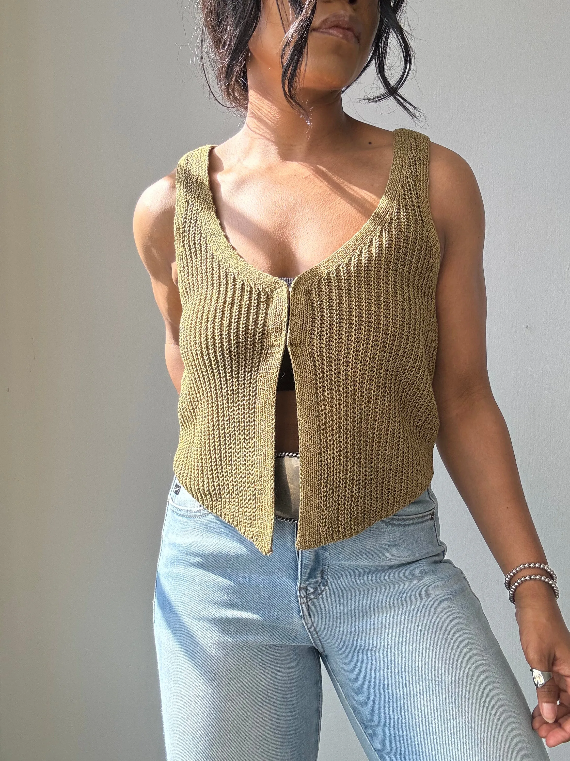 Kayla Crochet Knit Vest In Olive