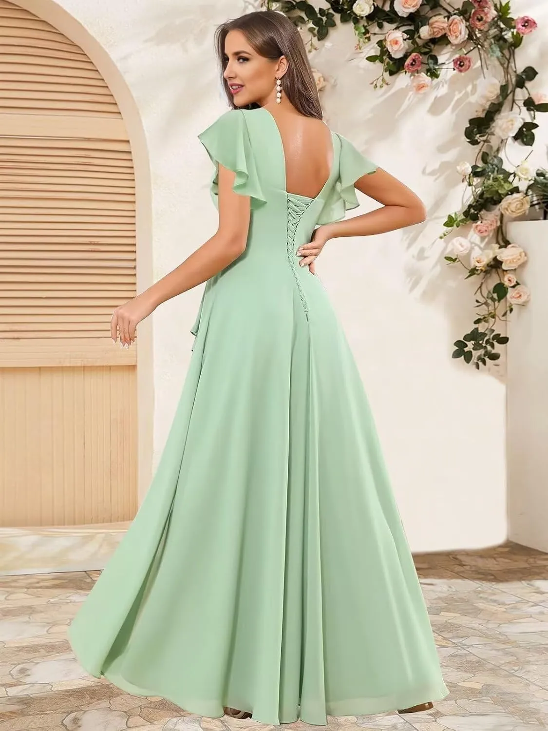 KDTM Square Neck Bridesmaid Dresses for Women A Line Ruffles Chiffon Formal Evening Dress Long with Slit KD002
