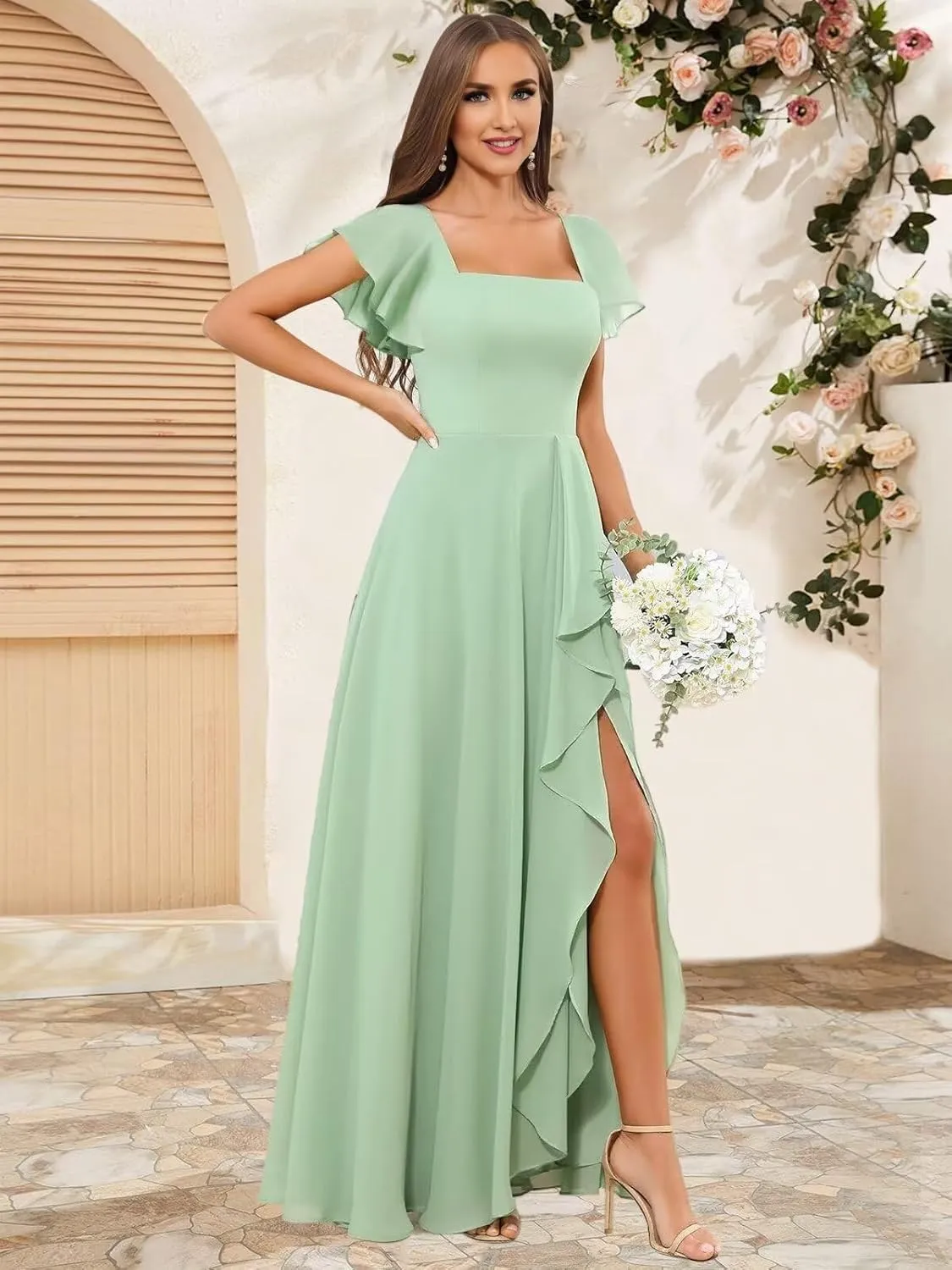 KDTM Square Neck Bridesmaid Dresses for Women A Line Ruffles Chiffon Formal Evening Dress Long with Slit KD002