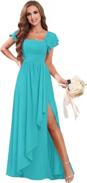 KDTM Square Neck Bridesmaid Dresses for Women A Line Ruffles Chiffon Formal Evening Dress Long with Slit KD002