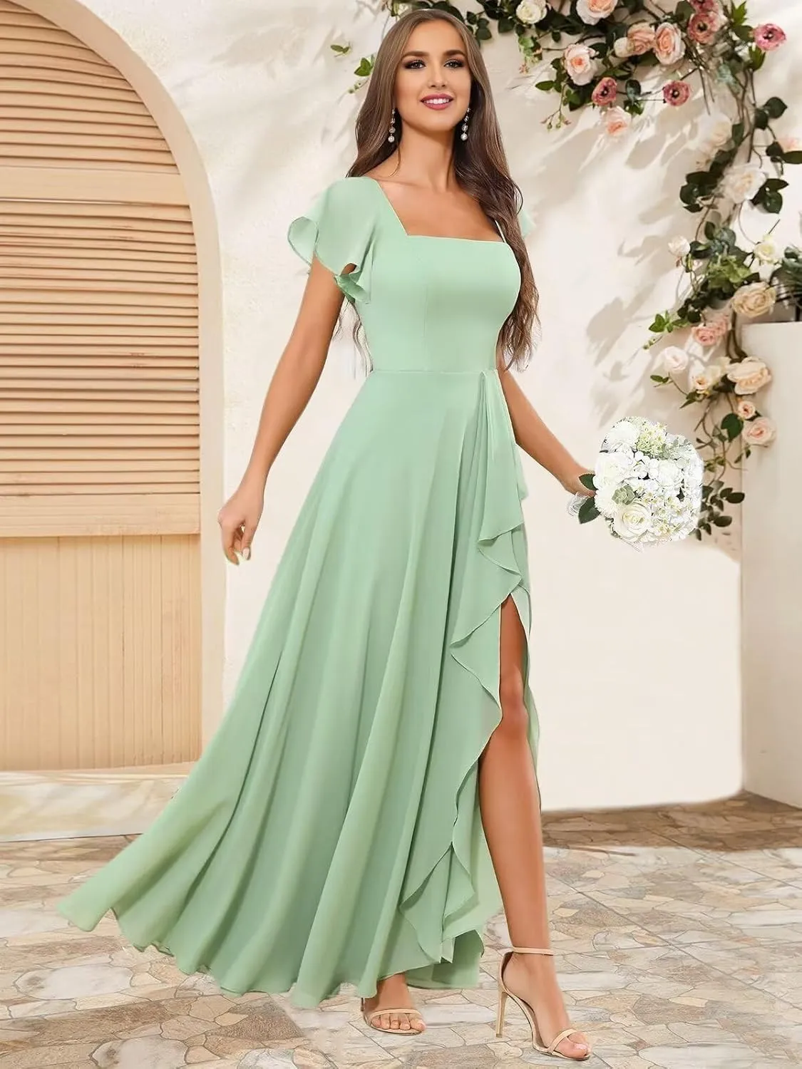 KDTM Square Neck Bridesmaid Dresses for Women A Line Ruffles Chiffon Formal Evening Dress Long with Slit KD002