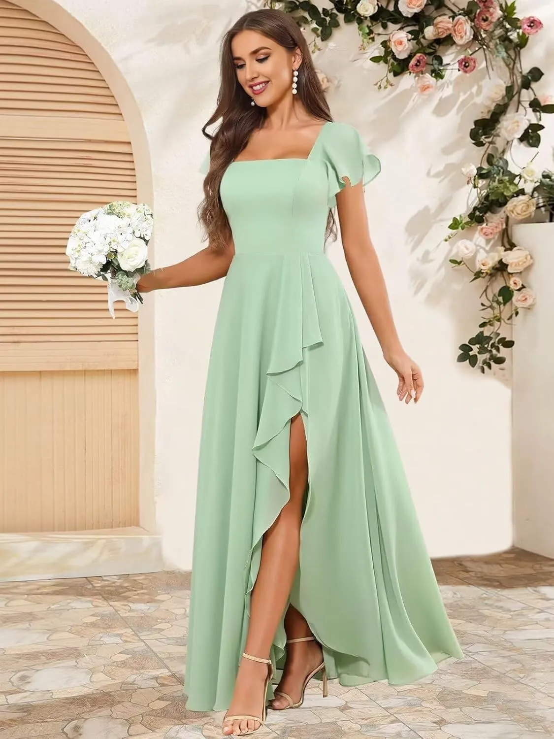KDTM Square Neck Bridesmaid Dresses for Women A Line Ruffles Chiffon Formal Evening Dress Long with Slit KD002