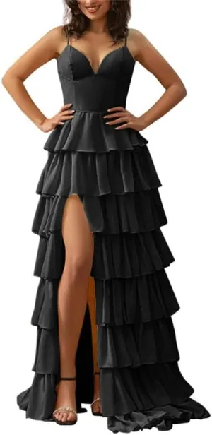 KDTM Tiered Chiffon Prom Dresses for Women Spaghetti Strap Evening Party Dresses V Neck Wedding Guest Dress with Slit