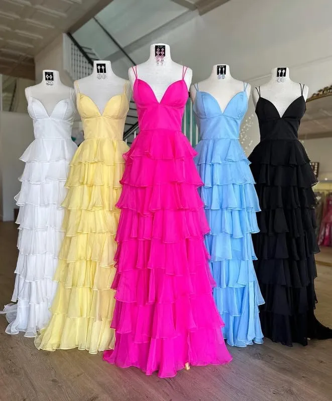 KDTM Tiered Chiffon Prom Dresses for Women Spaghetti Strap Evening Party Dresses V Neck Wedding Guest Dress with Slit