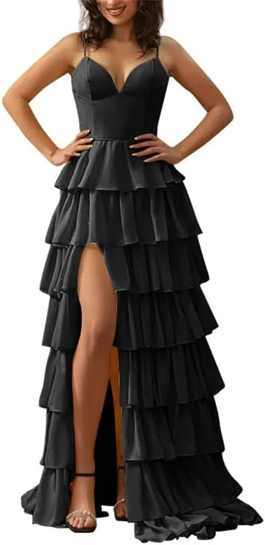 KDTM Tiered Chiffon Prom Dresses for Women Spaghetti Strap Evening Party Dresses V Neck Wedding Guest Dress with Slit