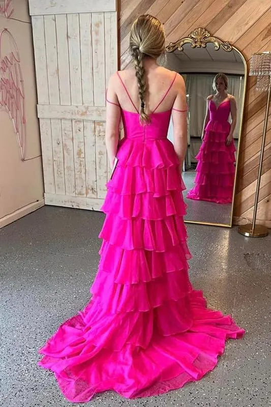 KDTM Tiered Chiffon Prom Dresses for Women Spaghetti Strap Evening Party Dresses V Neck Wedding Guest Dress with Slit