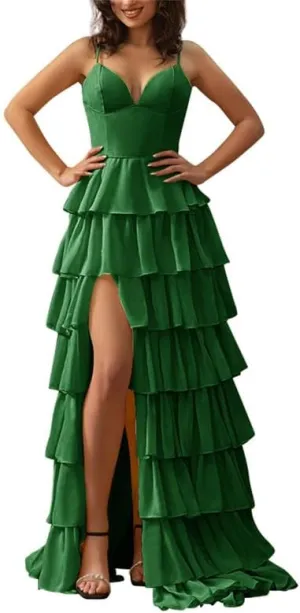 KDTM Tiered Chiffon Prom Dresses for Women Spaghetti Strap Evening Party Dresses V Neck Wedding Guest Dress with Slit