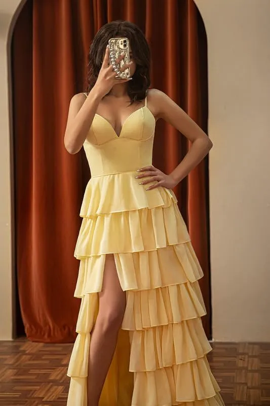 KDTM Tiered Chiffon Prom Dresses for Women Spaghetti Strap Evening Party Dresses V Neck Wedding Guest Dress with Slit