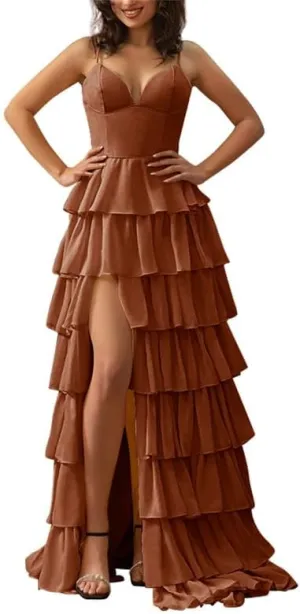 KDTM Tiered Chiffon Prom Dresses for Women Spaghetti Strap Evening Party Dresses V Neck Wedding Guest Dress with Slit