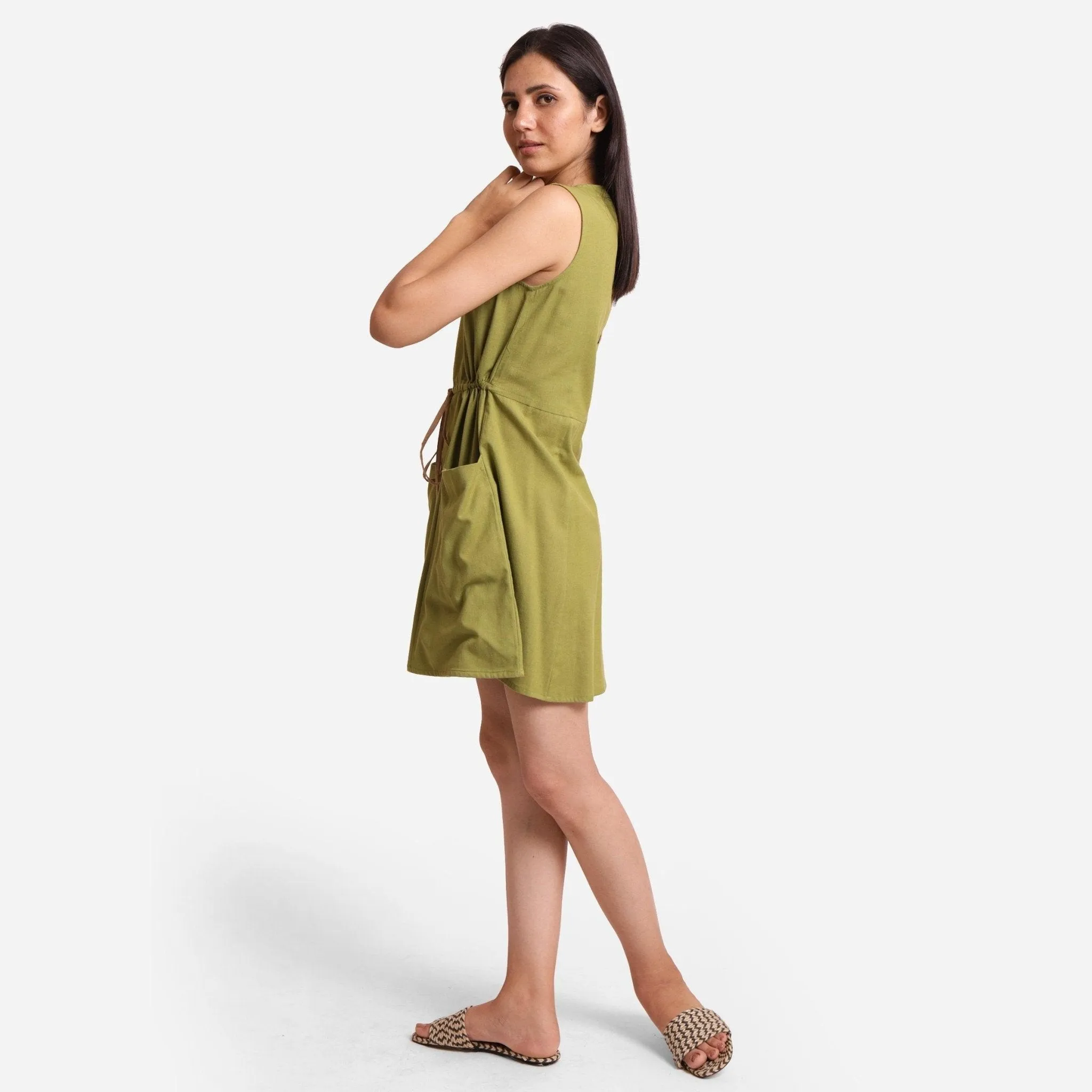 Khaki Green Cotton Flax Princess Line Short Dress