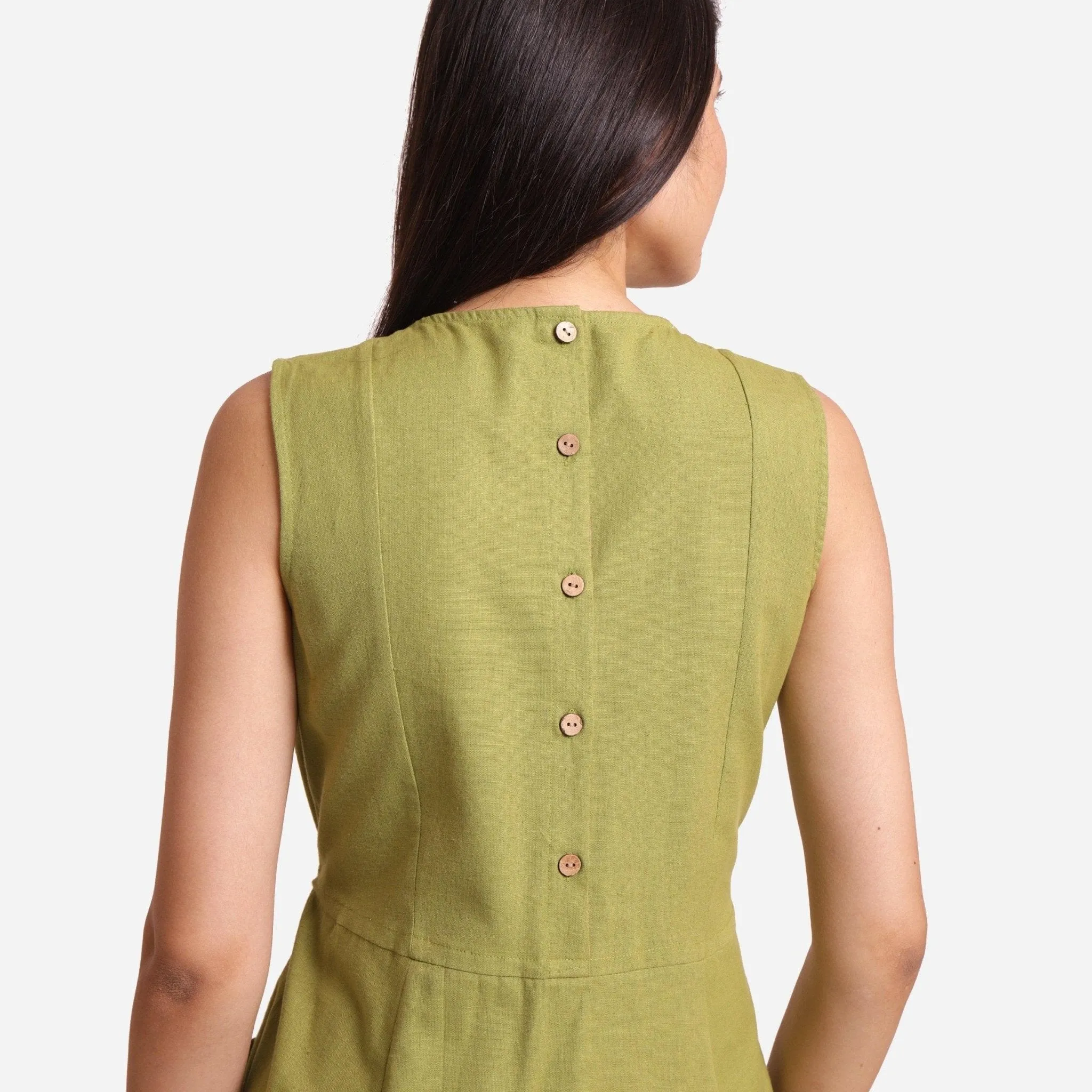 Khaki Green Cotton Flax Princess Line Short Dress