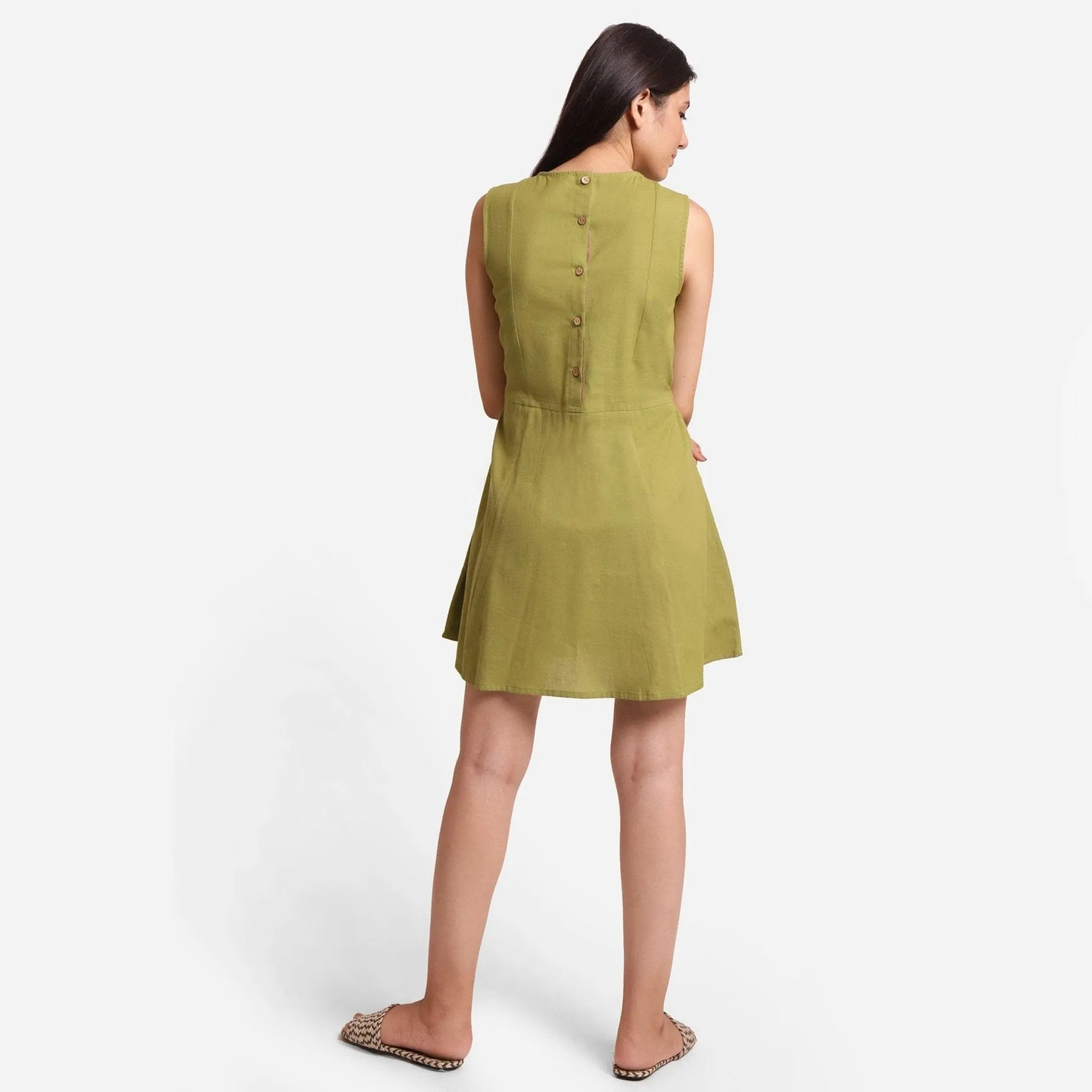 Khaki Green Cotton Flax Princess Line Short Dress