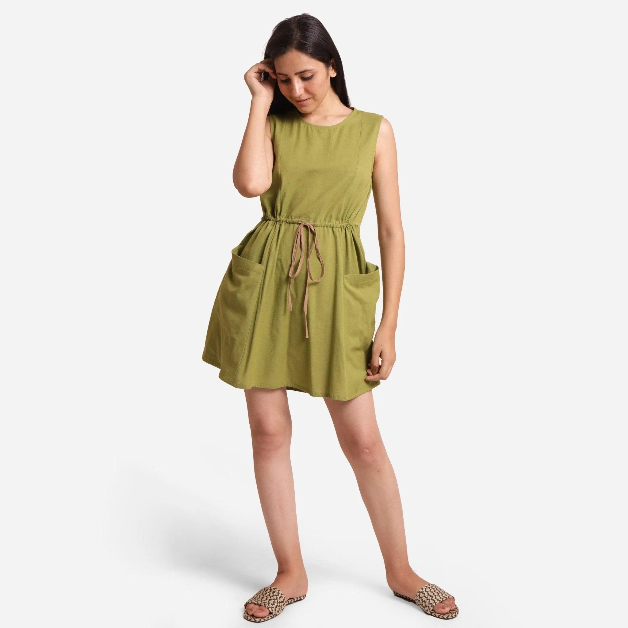 Khaki Green Cotton Flax Princess Line Short Dress