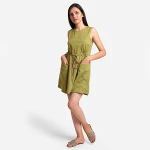 Khaki Green Cotton Flax Princess Line Short Dress