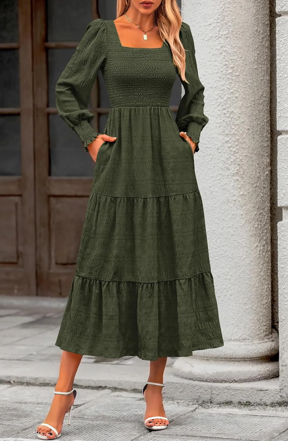 KIRUNDO Women Spring Wedding Guest Maxi Dress Elegant Puff Long Sleeve Summer Smocked Empire Waist Swing Flowy Long Dresses