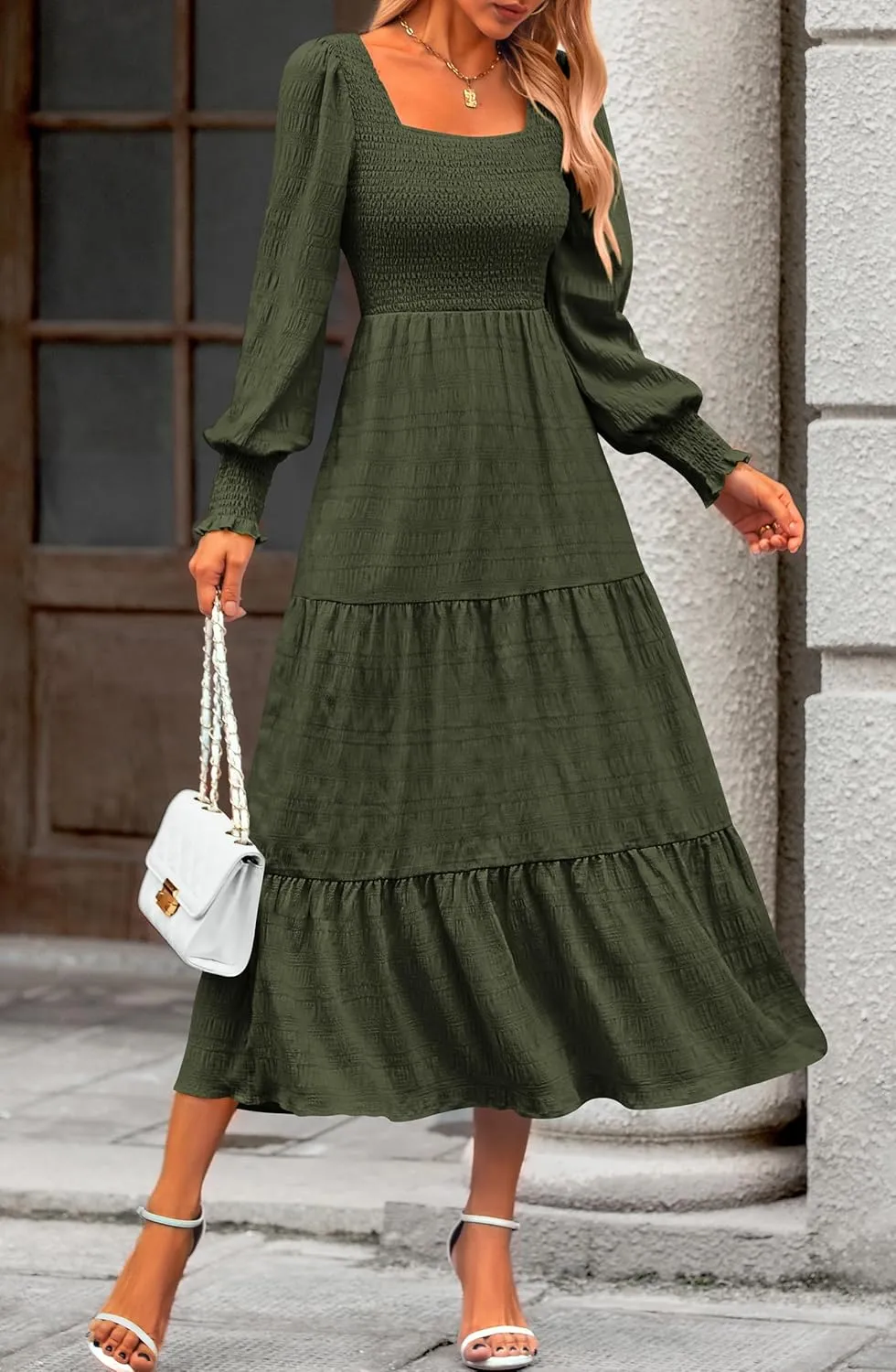 KIRUNDO Women Spring Wedding Guest Maxi Dress Elegant Puff Long Sleeve Summer Smocked Empire Waist Swing Flowy Long Dresses