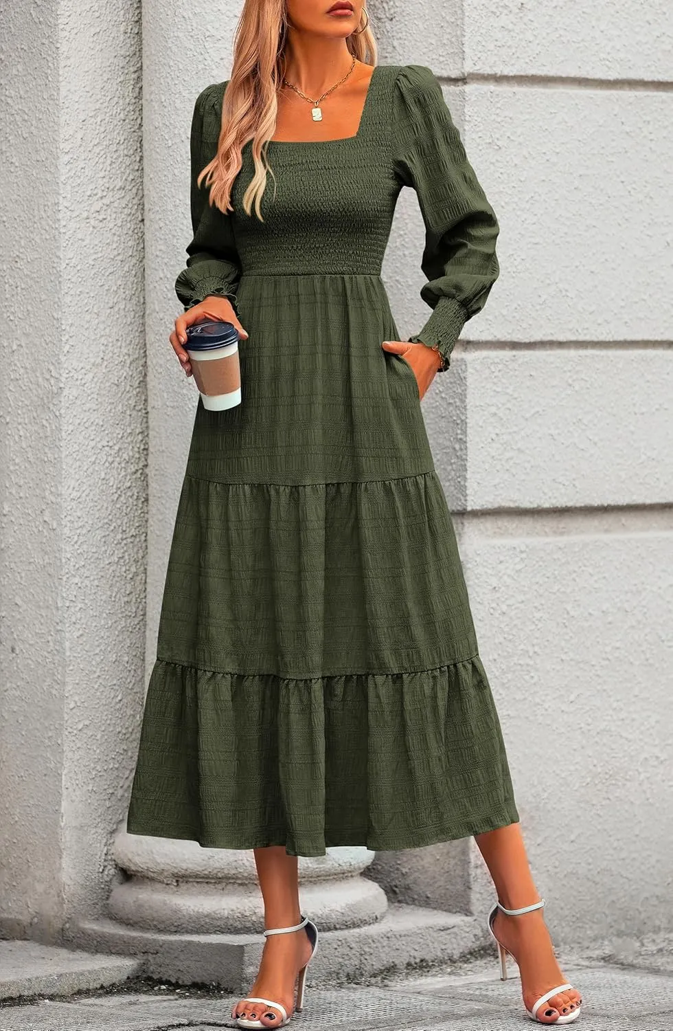 KIRUNDO Women Spring Wedding Guest Maxi Dress Elegant Puff Long Sleeve Summer Smocked Empire Waist Swing Flowy Long Dresses