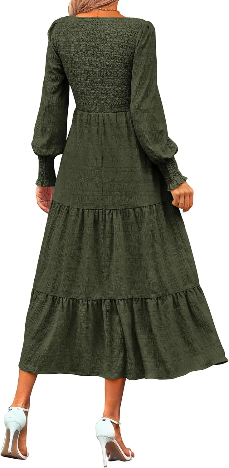 KIRUNDO Women Spring Wedding Guest Maxi Dress Elegant Puff Long Sleeve Summer Smocked Empire Waist Swing Flowy Long Dresses