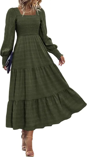 KIRUNDO Women Spring Wedding Guest Maxi Dress Elegant Puff Long Sleeve Summer Smocked Empire Waist Swing Flowy Long Dresses