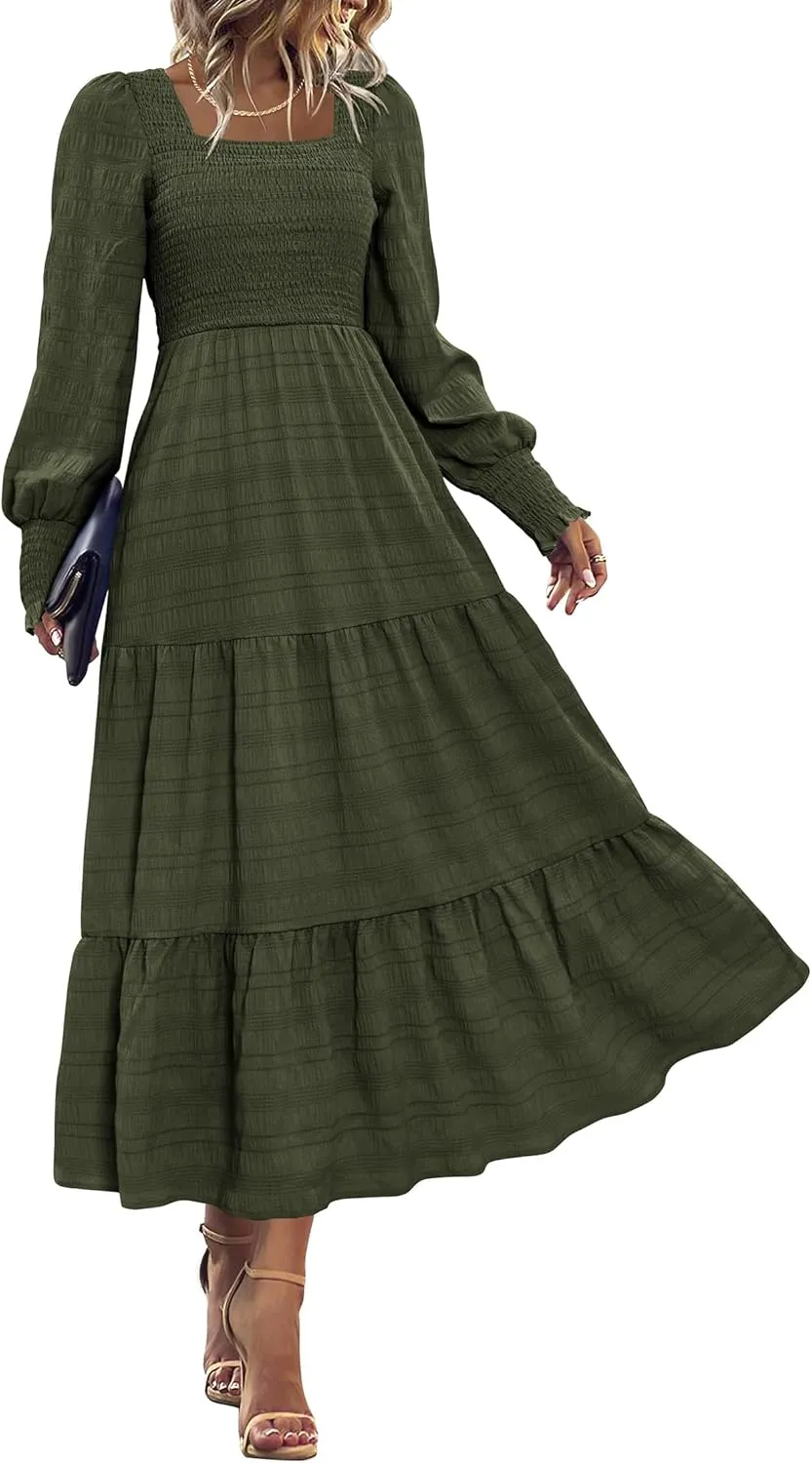 KIRUNDO Women Spring Wedding Guest Maxi Dress Elegant Puff Long Sleeve Summer Smocked Empire Waist Swing Flowy Long Dresses