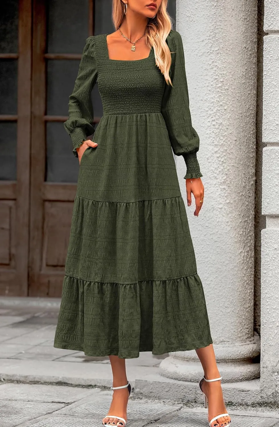 KIRUNDO Women Spring Wedding Guest Maxi Dress Elegant Puff Long Sleeve Summer Smocked Empire Waist Swing Flowy Long Dresses