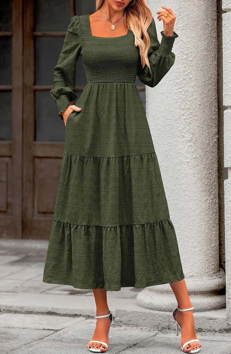 KIRUNDO Women Spring Wedding Guest Maxi Dress Elegant Puff Long Sleeve Summer Smocked Empire Waist Swing Flowy Long Dresses