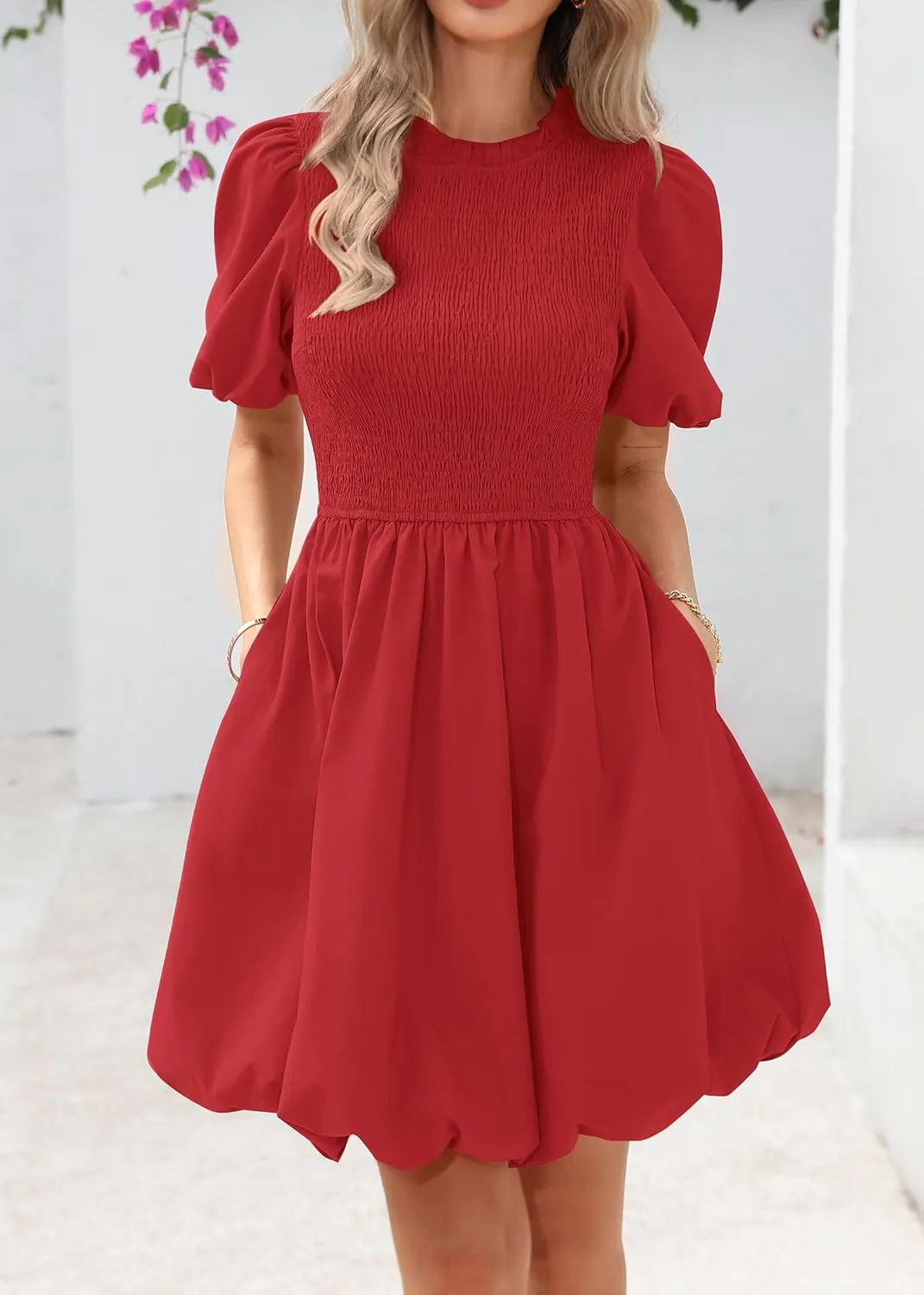 KIRUNDO Womens Summer Smocked Mini Dress 2025 Spring Puff Short Sleeve Boho Ruffle Crewneck Bubble A Line Short Dresses