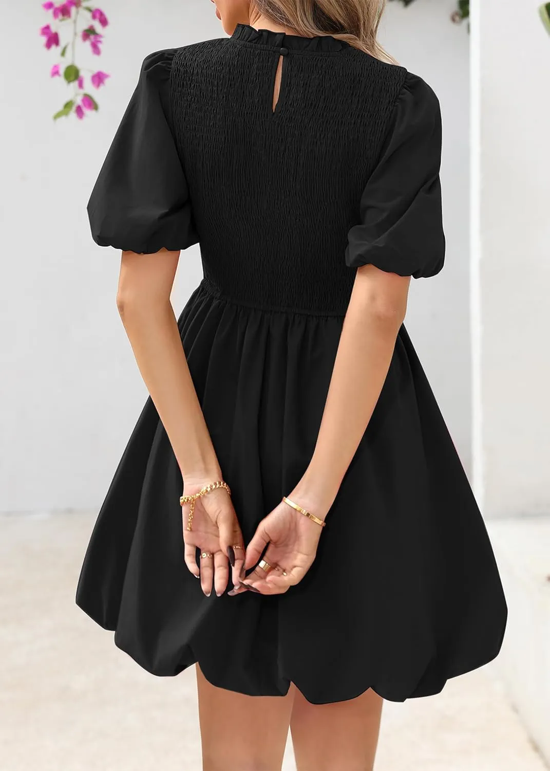 KIRUNDO Womens Summer Smocked Mini Dress 2025 Spring Puff Short Sleeve Boho Ruffle Crewneck Bubble A Line Short Dresses