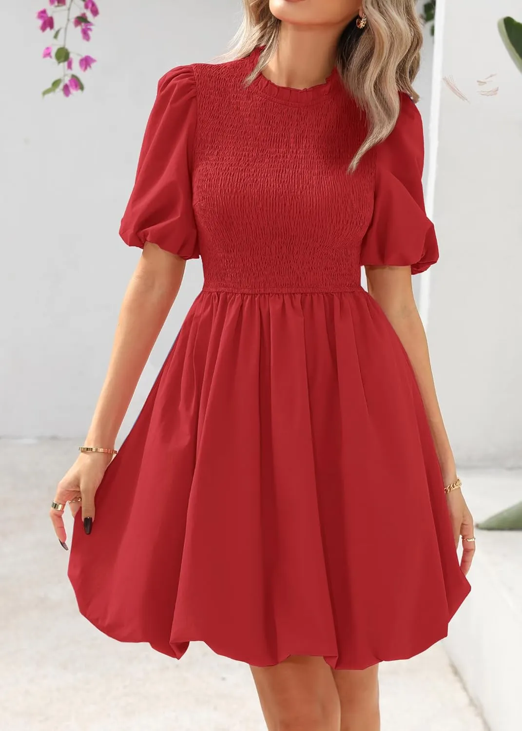 KIRUNDO Womens Summer Smocked Mini Dress 2025 Spring Puff Short Sleeve Boho Ruffle Crewneck Bubble A Line Short Dresses