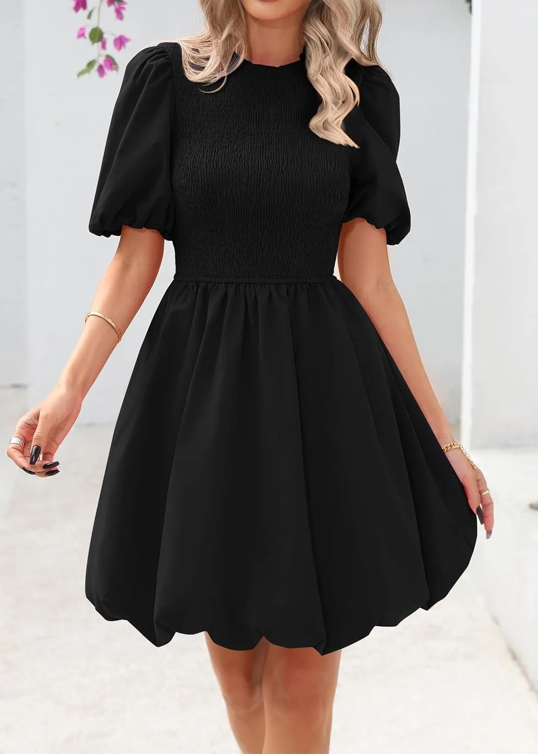 KIRUNDO Womens Summer Smocked Mini Dress 2025 Spring Puff Short Sleeve Boho Ruffle Crewneck Bubble A Line Short Dresses