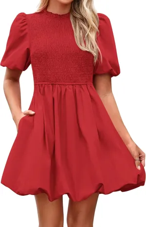 KIRUNDO Womens Summer Smocked Mini Dress 2025 Spring Puff Short Sleeve Boho Ruffle Crewneck Bubble A Line Short Dresses