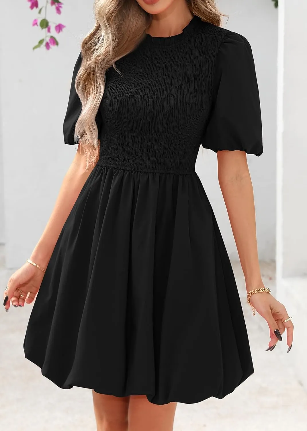 KIRUNDO Womens Summer Smocked Mini Dress 2025 Spring Puff Short Sleeve Boho Ruffle Crewneck Bubble A Line Short Dresses