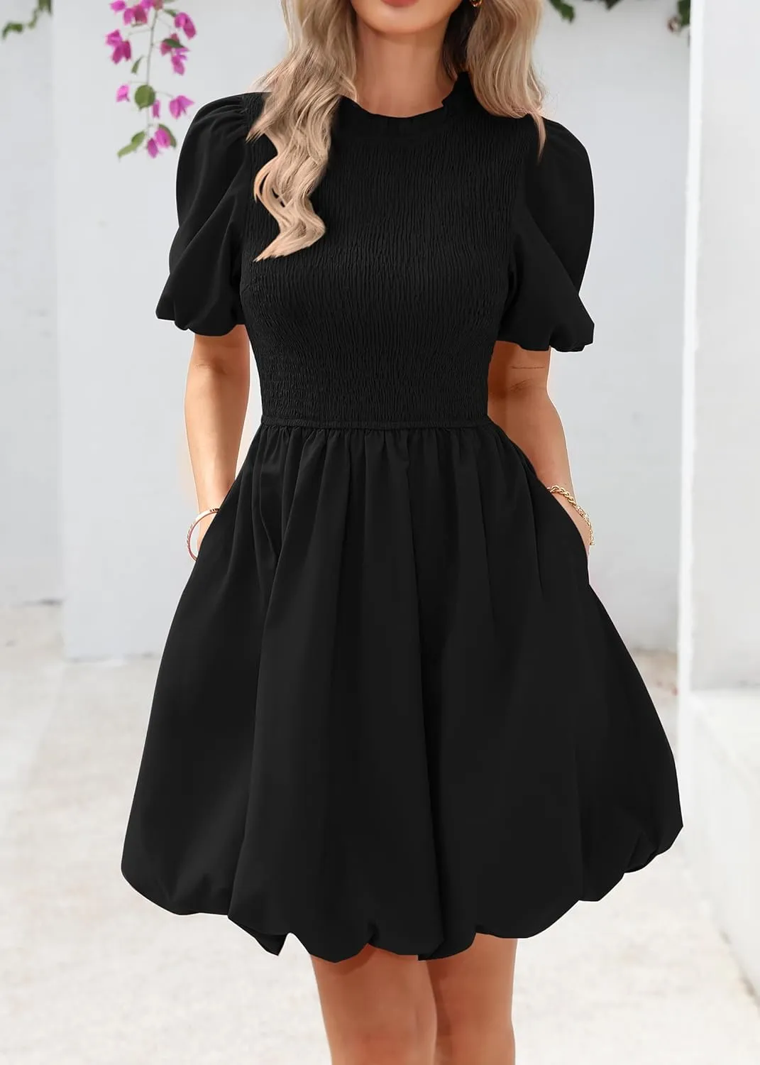 KIRUNDO Womens Summer Smocked Mini Dress 2025 Spring Puff Short Sleeve Boho Ruffle Crewneck Bubble A Line Short Dresses