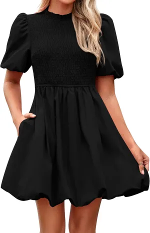 KIRUNDO Womens Summer Smocked Mini Dress 2025 Spring Puff Short Sleeve Boho Ruffle Crewneck Bubble A Line Short Dresses