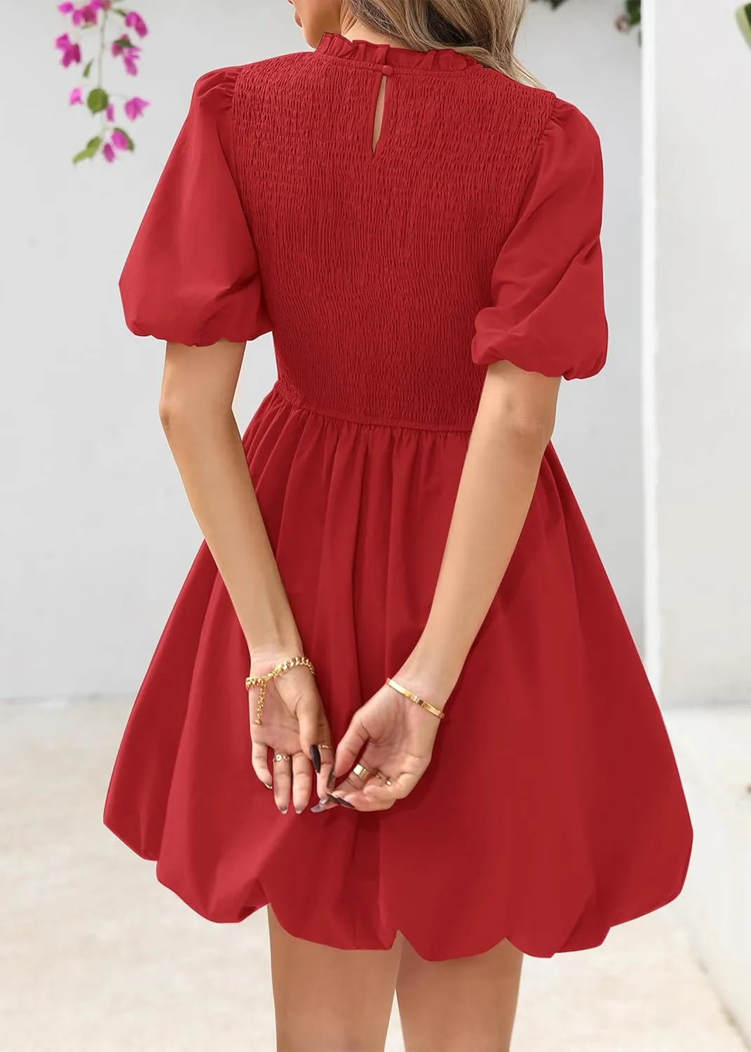 KIRUNDO Womens Summer Smocked Mini Dress 2025 Spring Puff Short Sleeve Boho Ruffle Crewneck Bubble A Line Short Dresses