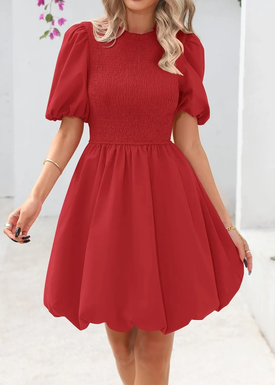 KIRUNDO Womens Summer Smocked Mini Dress 2025 Spring Puff Short Sleeve Boho Ruffle Crewneck Bubble A Line Short Dresses