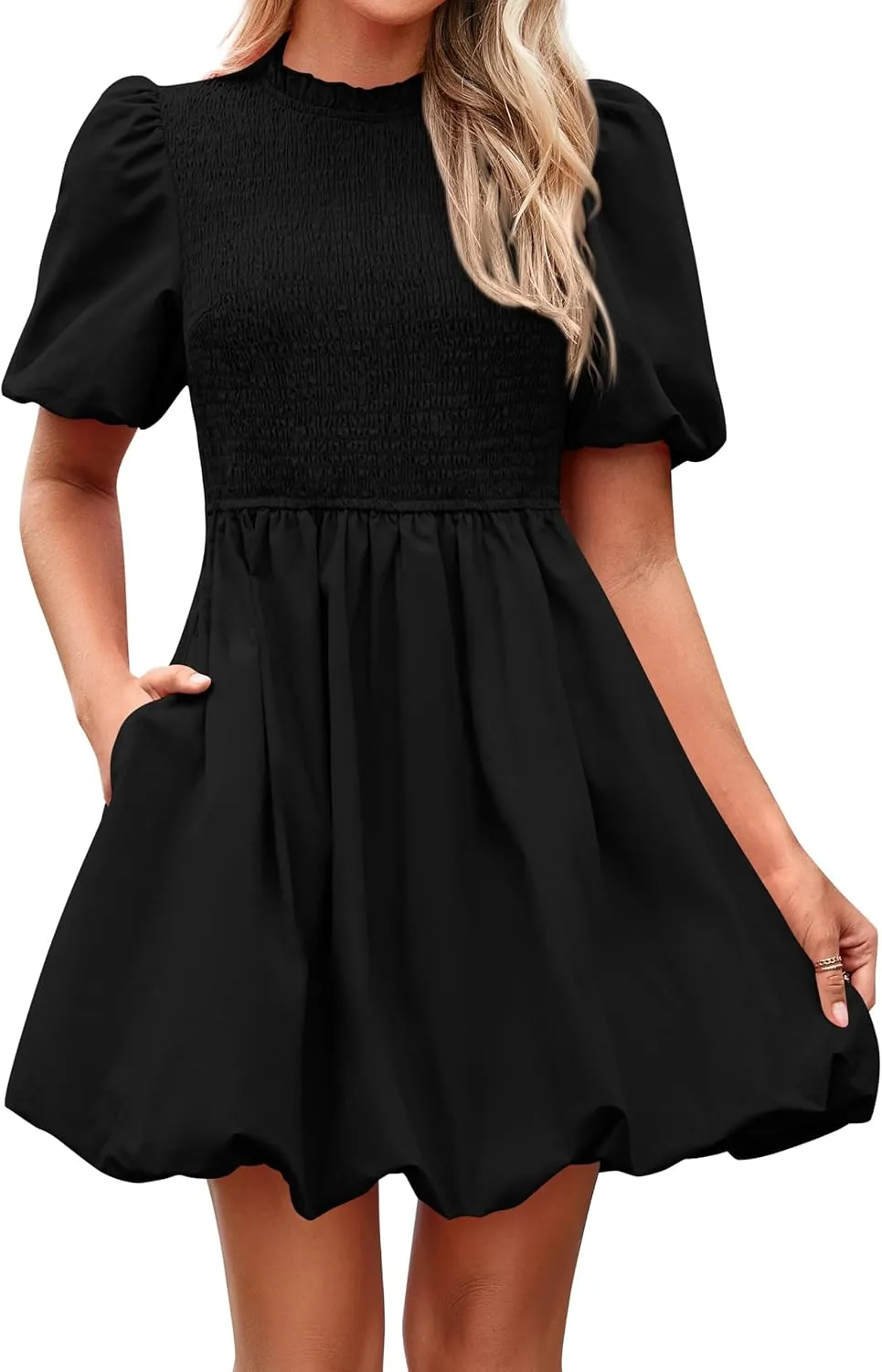 KIRUNDO Womens Summer Smocked Mini Dress 2025 Spring Puff Short Sleeve Boho Ruffle Crewneck Bubble A Line Short Dresses