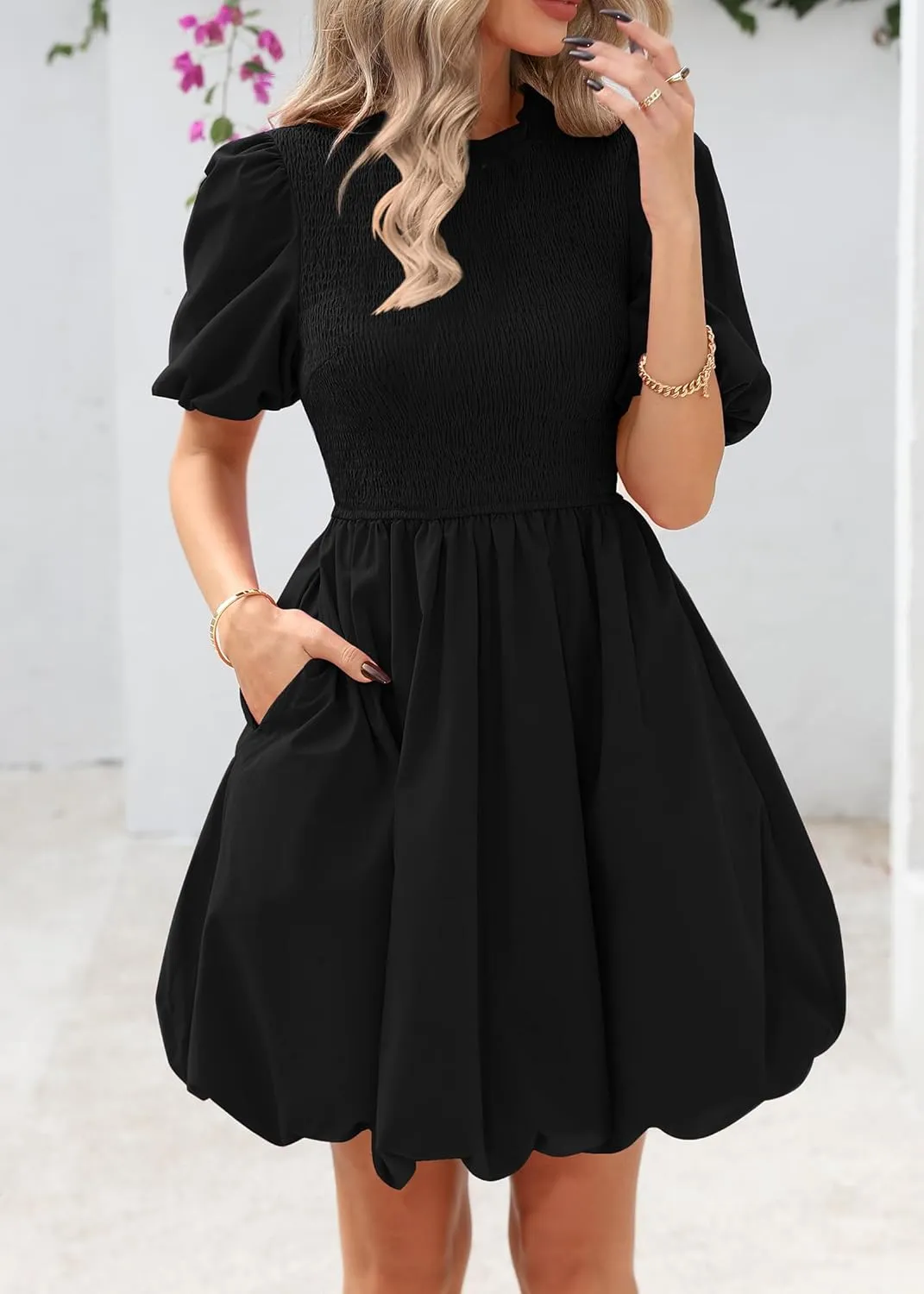KIRUNDO Womens Summer Smocked Mini Dress 2025 Spring Puff Short Sleeve Boho Ruffle Crewneck Bubble A Line Short Dresses