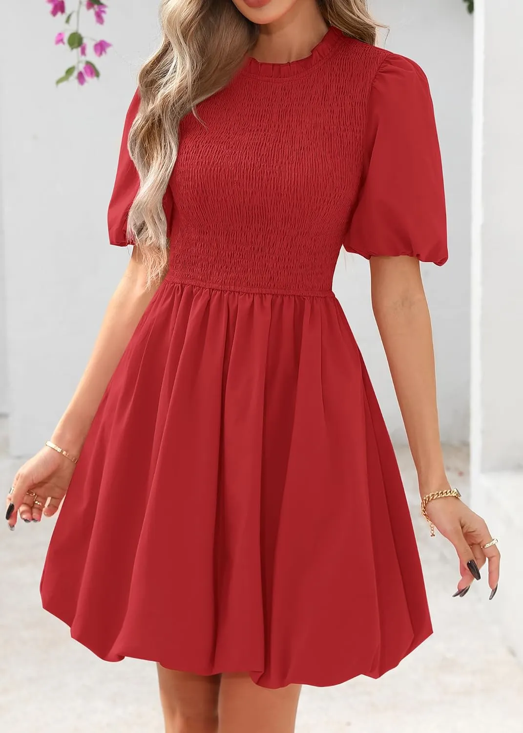 KIRUNDO Womens Summer Smocked Mini Dress 2025 Spring Puff Short Sleeve Boho Ruffle Crewneck Bubble A Line Short Dresses
