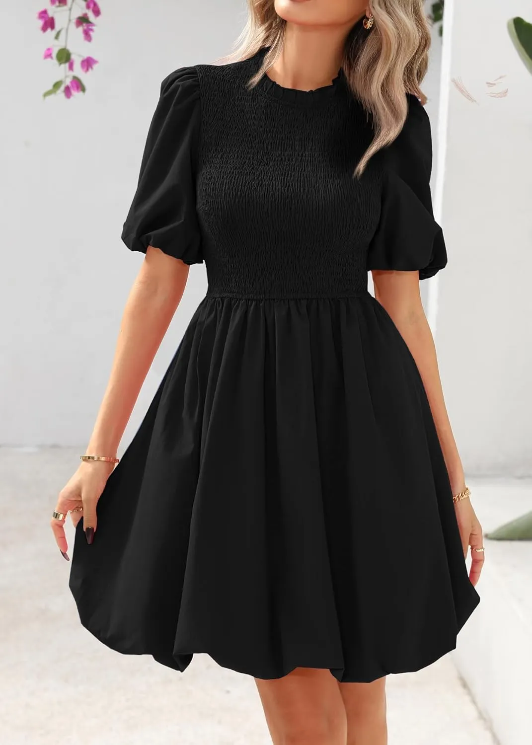 KIRUNDO Womens Summer Smocked Mini Dress 2025 Spring Puff Short Sleeve Boho Ruffle Crewneck Bubble A Line Short Dresses