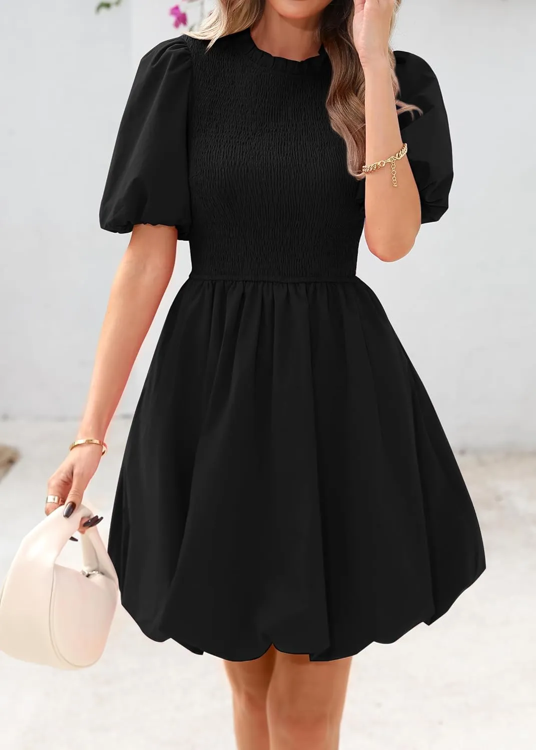 KIRUNDO Womens Summer Smocked Mini Dress 2025 Spring Puff Short Sleeve Boho Ruffle Crewneck Bubble A Line Short Dresses