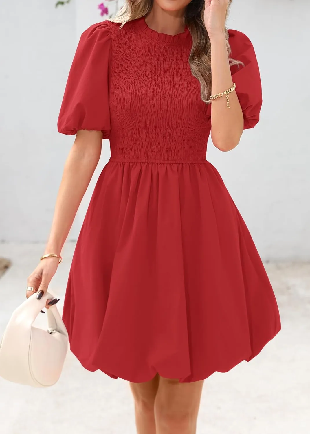 KIRUNDO Womens Summer Smocked Mini Dress 2025 Spring Puff Short Sleeve Boho Ruffle Crewneck Bubble A Line Short Dresses