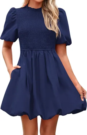 KIRUNDO Womens Summer Smocked Mini Dress 2025 Spring Puff Short Sleeve Boho Ruffle Crewneck Bubble A Line Short Dresses