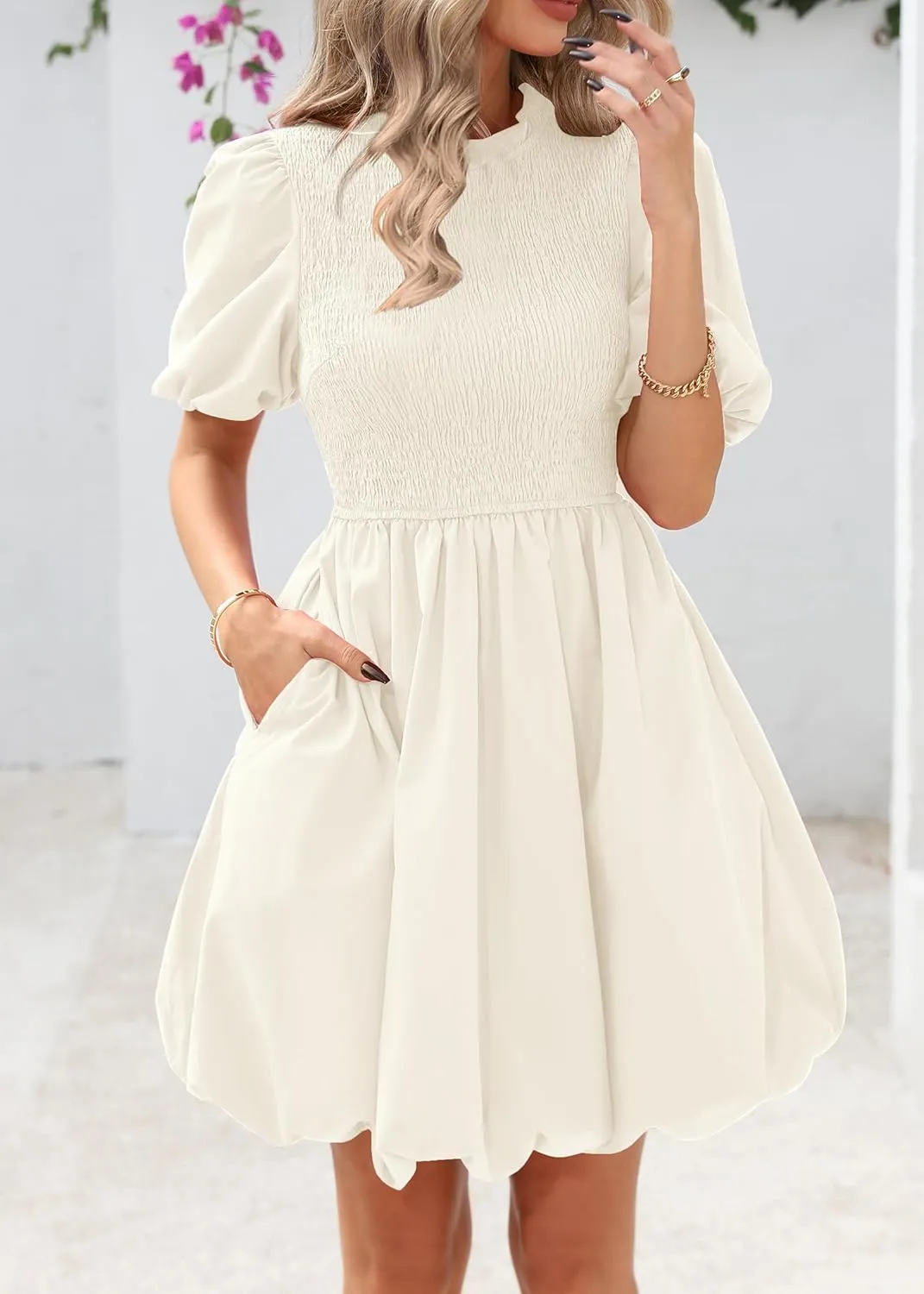 KIRUNDO Womens Summer Smocked Mini Dress 2025 Spring Puff Short Sleeve Boho Ruffle Crewneck Bubble A Line Short Dresses