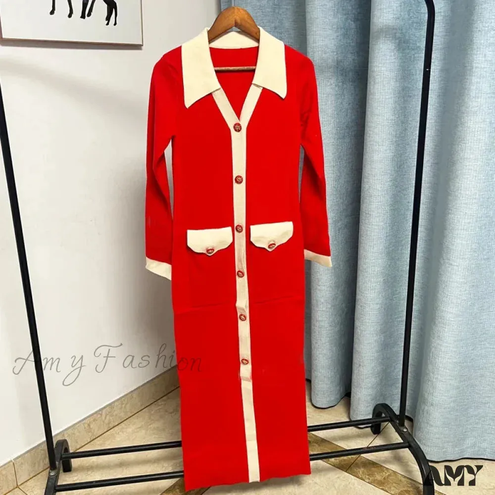 Knitted Turn-down Collar Red Black Christmas Party Dress