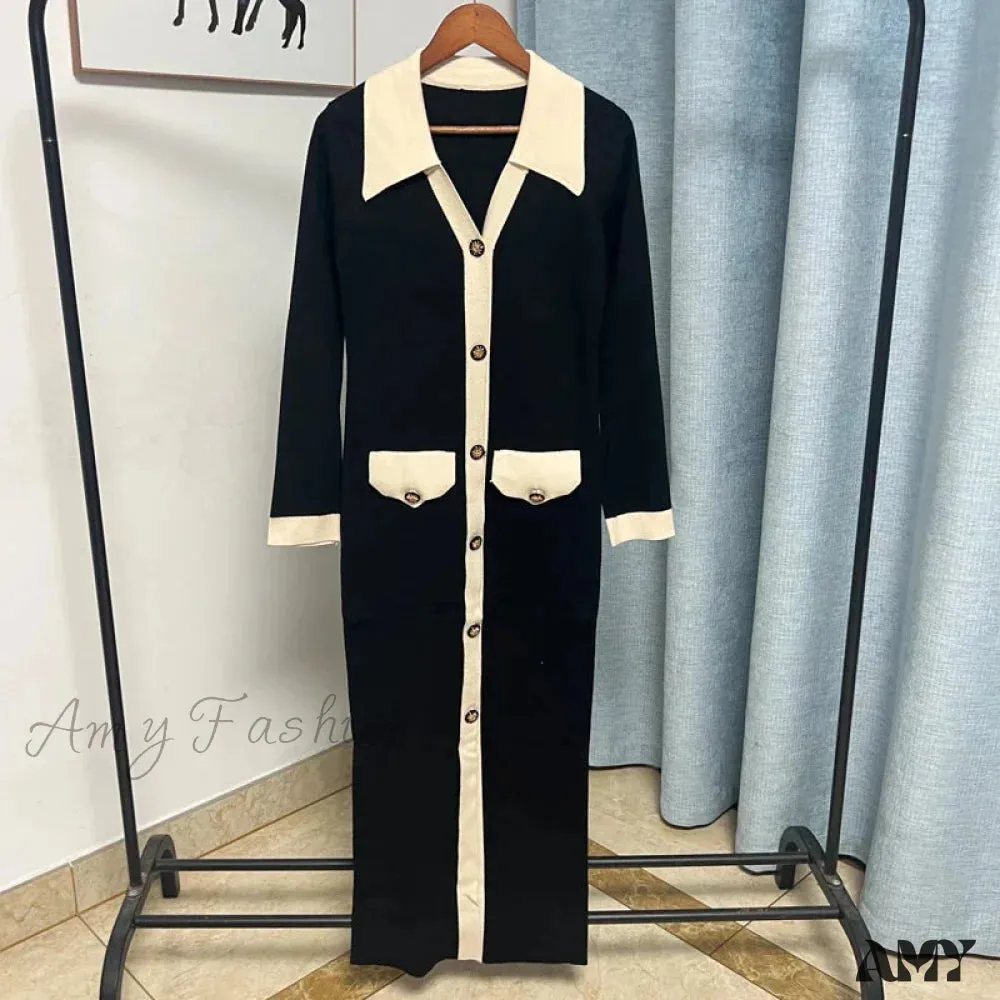Knitted Turn-down Collar Red Black Christmas Party Dress