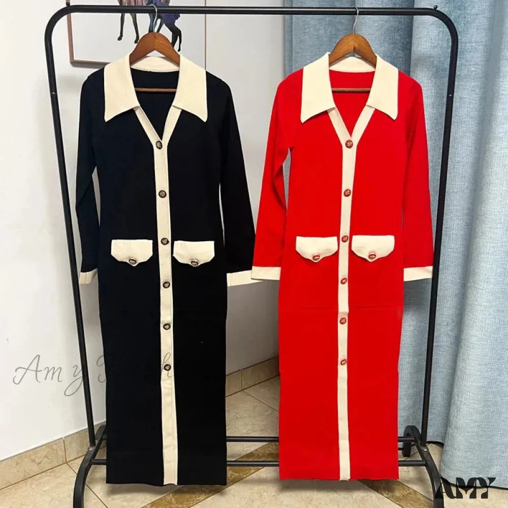 Knitted Turn-down Collar Red Black Christmas Party Dress